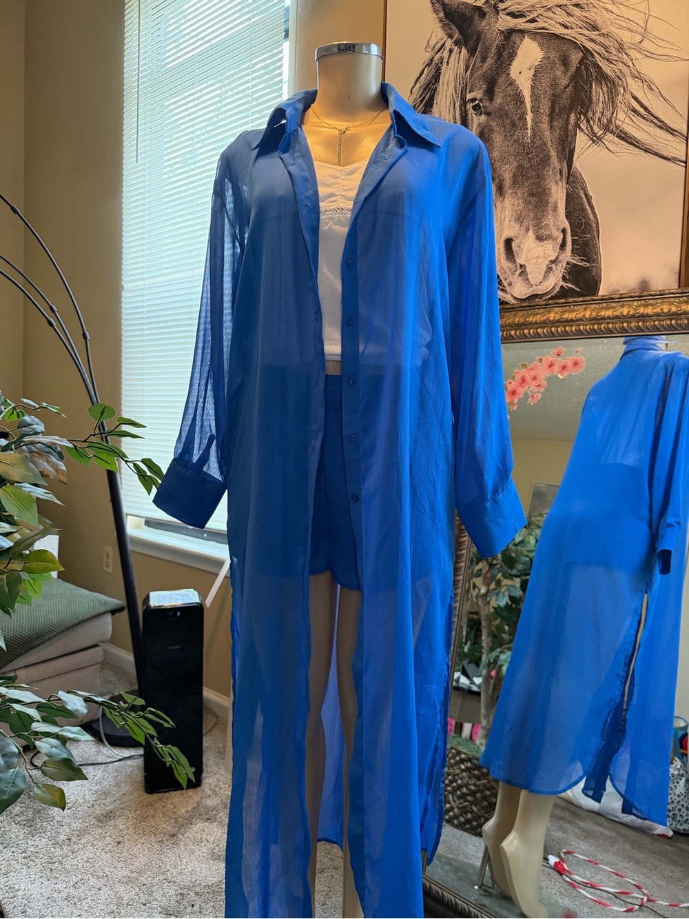 HERS & MINE 2-Piece Royal Blue Sheer Duster Shirt & Shorts Set - Size S